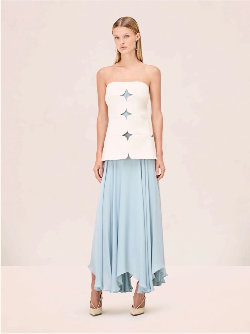 Alexis White Strapless Top with Pale Blue Flowing Maxi Skirt